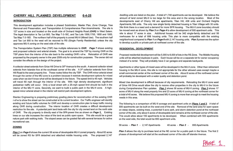 Developer-prepared narrative describing plans, zoning, roads, parks and unit counts; page bears June 4, 2025. Not a City approval.