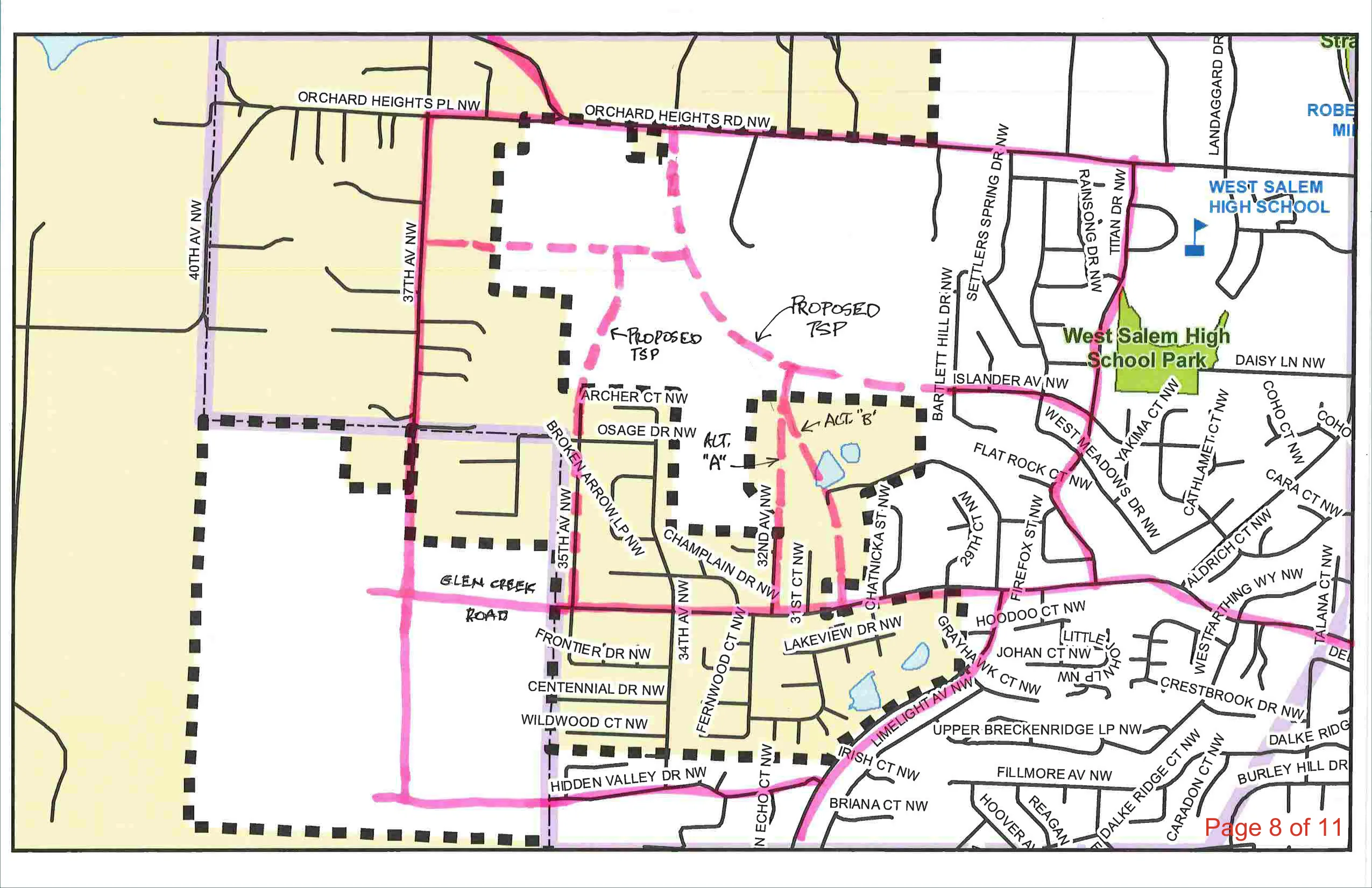 Consultant-prepared neighborhood map showing proposed TSP amendments, Alternative A and B collector routes, and surrounding street network. Page 8 of 11.