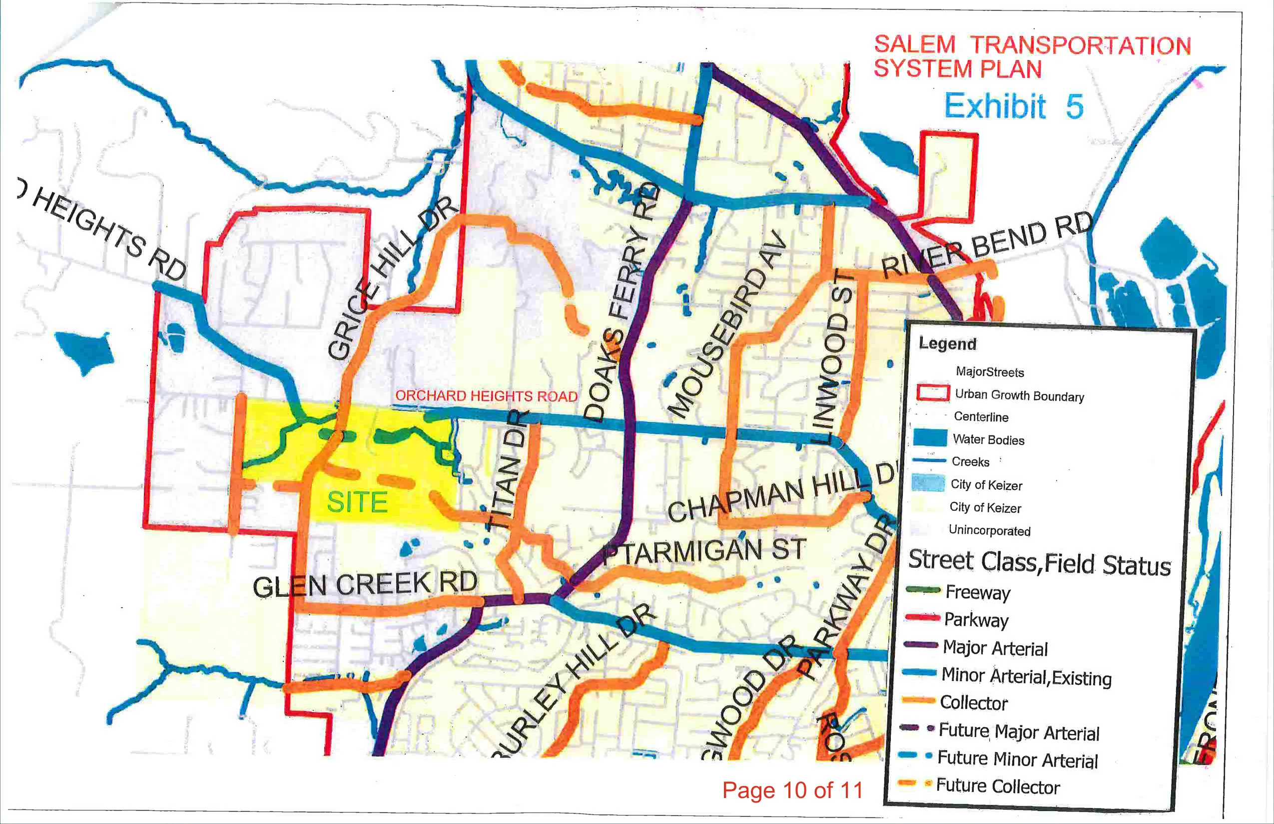 Salem Transportation System Plan map showing major streets, collectors, arterials and future planned routes in the West Salem area. Page 10 of 11.