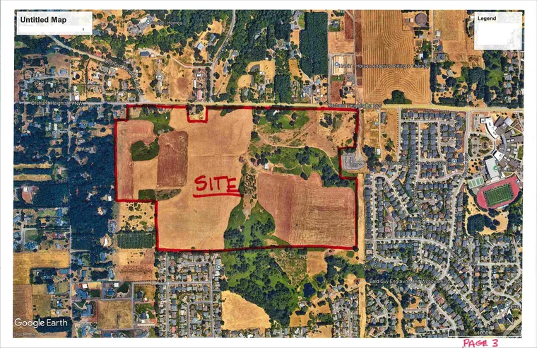 Developer-prepared aerial exhibit with a red approximate Cherry Hill site outline south of Orchard Heights Road. Not an approved City site plan.
