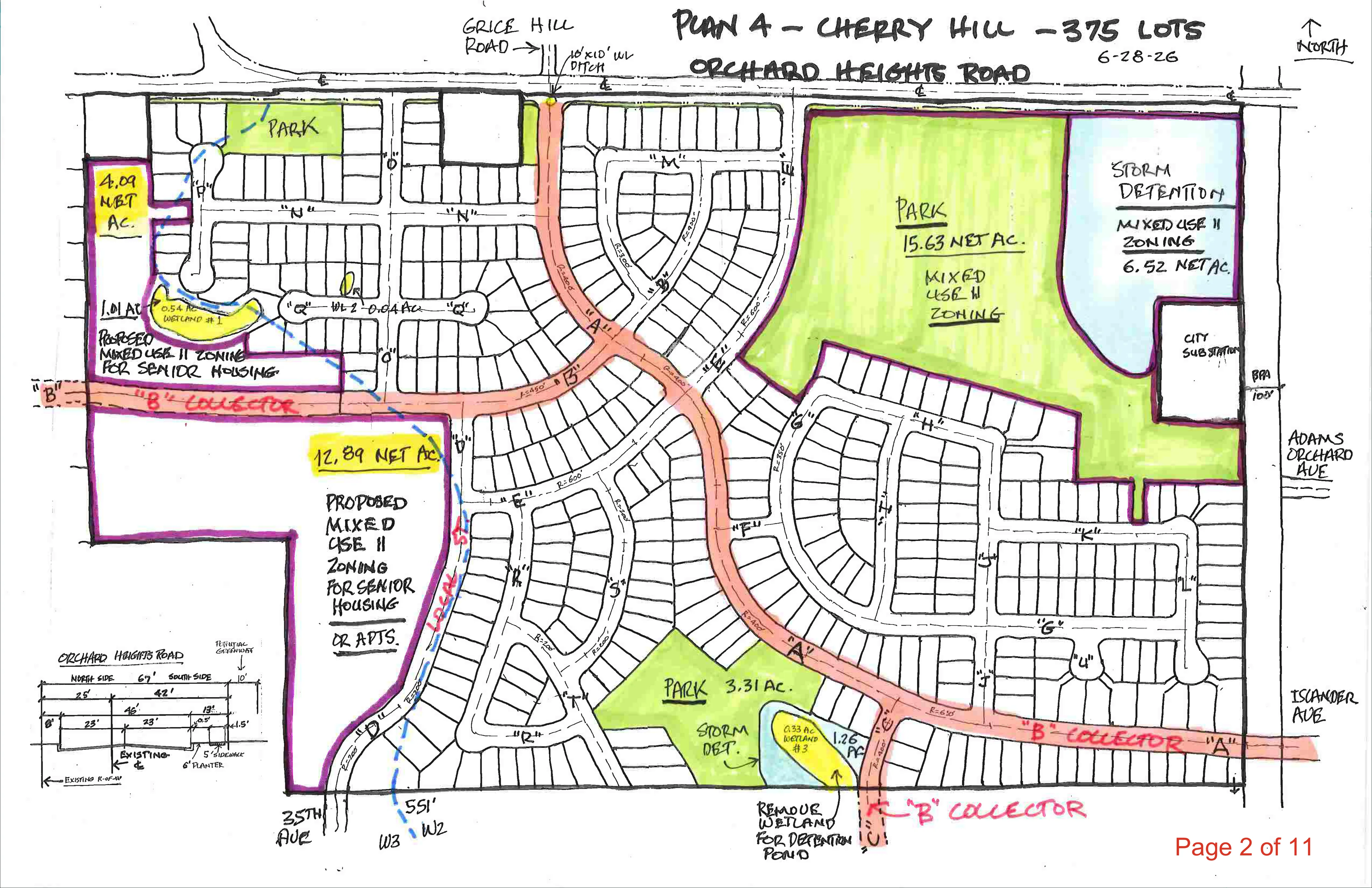 Consultant-prepared Plan 4 showing 375 lots, parks, senior housing zones, collector streets and stormwater detention. Not an approved plan.