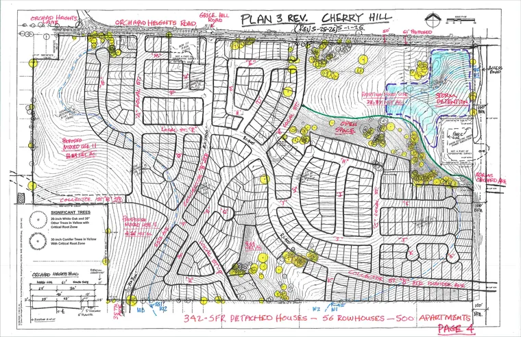 Developer-prepared Plan 3 concept with 342 single-family residential houses, 56 duplexes and 500 apartments arranged across a road network, open space and stormwater areas. Not approved.