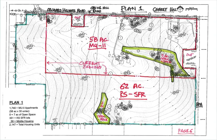 Developer-prepared Plan 1 zoning-capacity comparison labeling 58 acres of MU-II, 1,740 apartments, 351 detached lots and 56 middle-housing units. Not a preferred or approved plan.