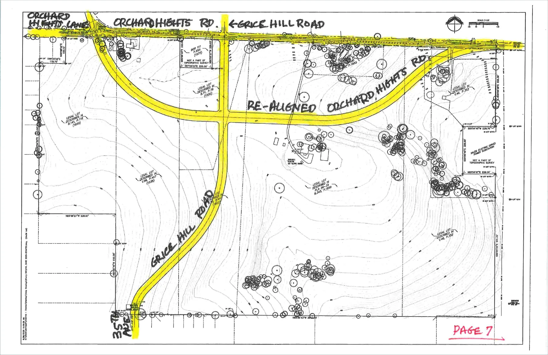 Developer-prepared road concept showing possible Orchard Heights Road and Grice Hill Road realignment. Not an approved transportation plan.