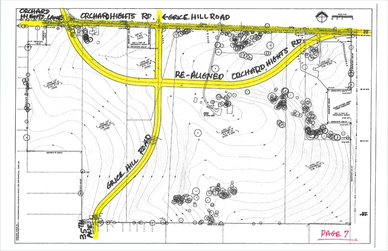 Developer-prepared road concept showing possible Orchard Heights Road and Grice Hill Road realignment. Not an approved transportation plan.