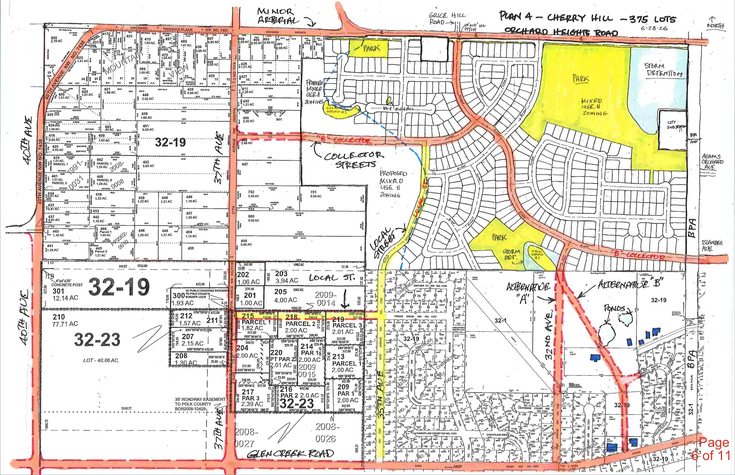Consultant-prepared Plan 4 with parcel map showing collector street connections, mixed-use zones, park areas and storm detention. Page 6 of 11. Not approved.