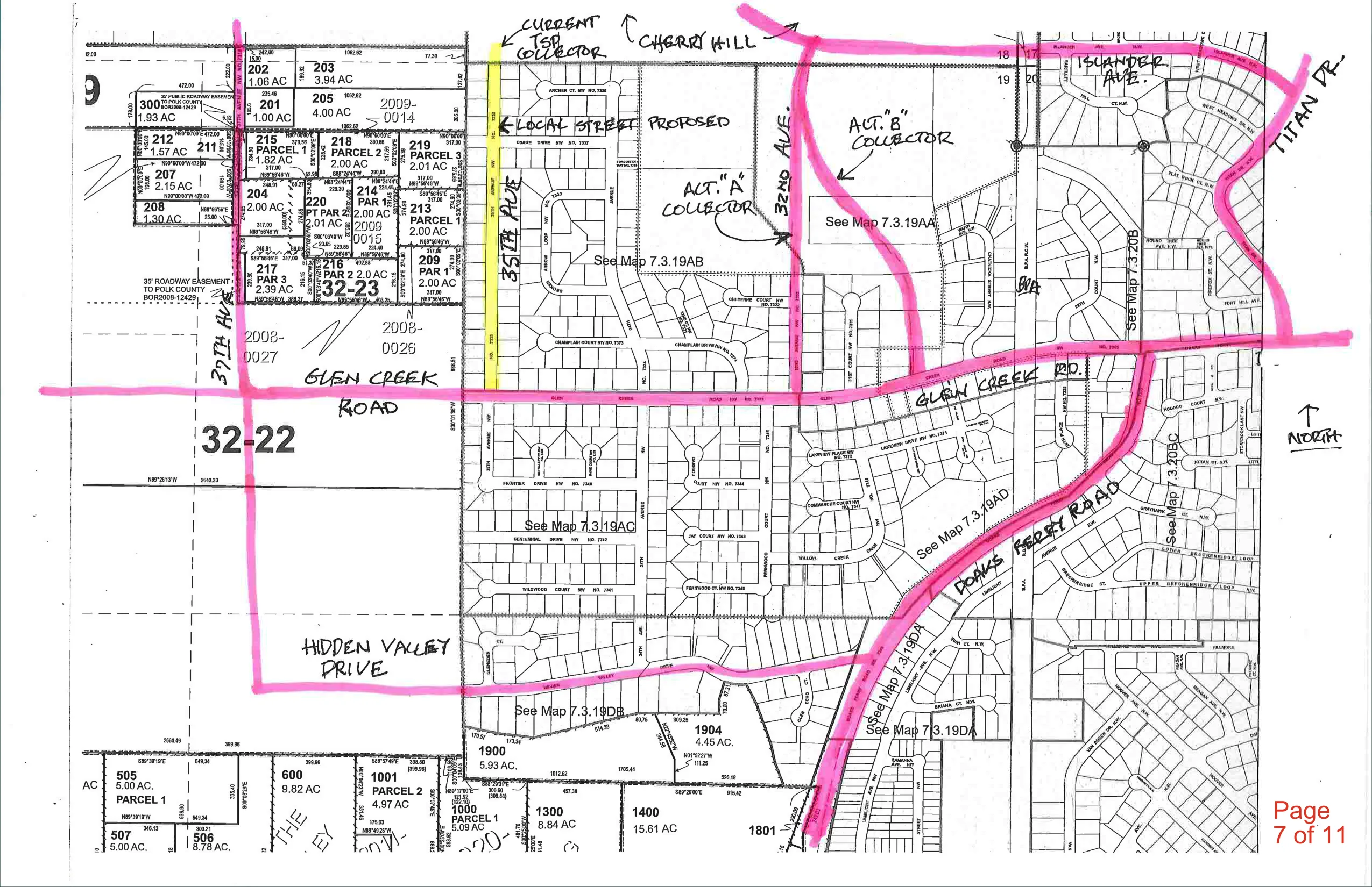 Consultant-prepared map showing two collector street alternatives connecting the site to Titan Drive and Glen Creek Road. Page 7 of 11. Not approved.